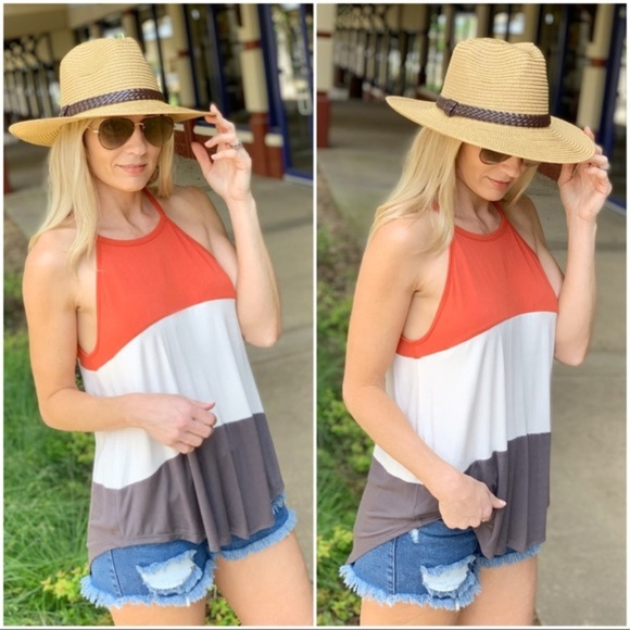 Infinity Raine Tops - Color Block Halter Knit Tank-Coral, white, gray Infinity Raine Tops - Color Block Halter Knit Tank-Coral, white, gray